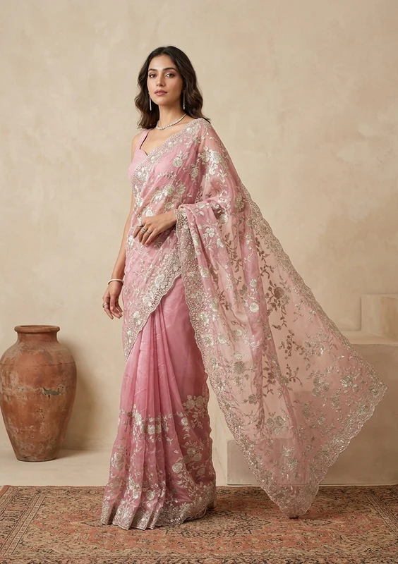Baby Pink Zariwork Tissue Saree
